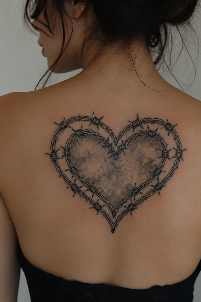 A heart made of barbed wire across the upper back, with a double black outline. The barbs are sharp, and the inner heart has smoky grey fill.