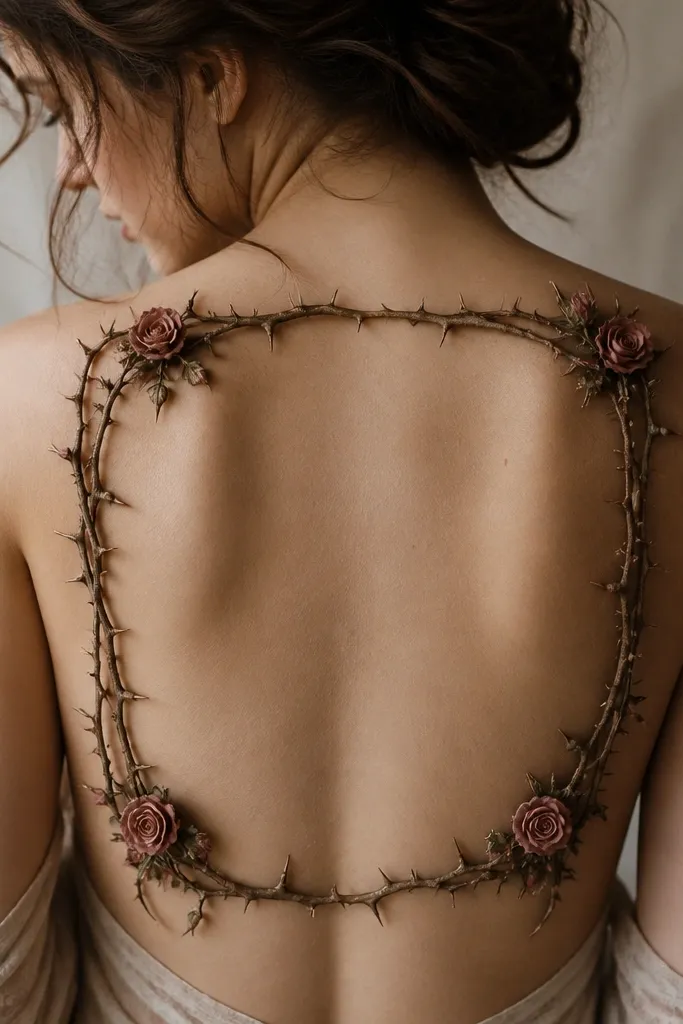 A rectangular frame on the back made of thorny vines, with a few small roselets tucked into the corners and along the edges. The center area is mostly negative space.