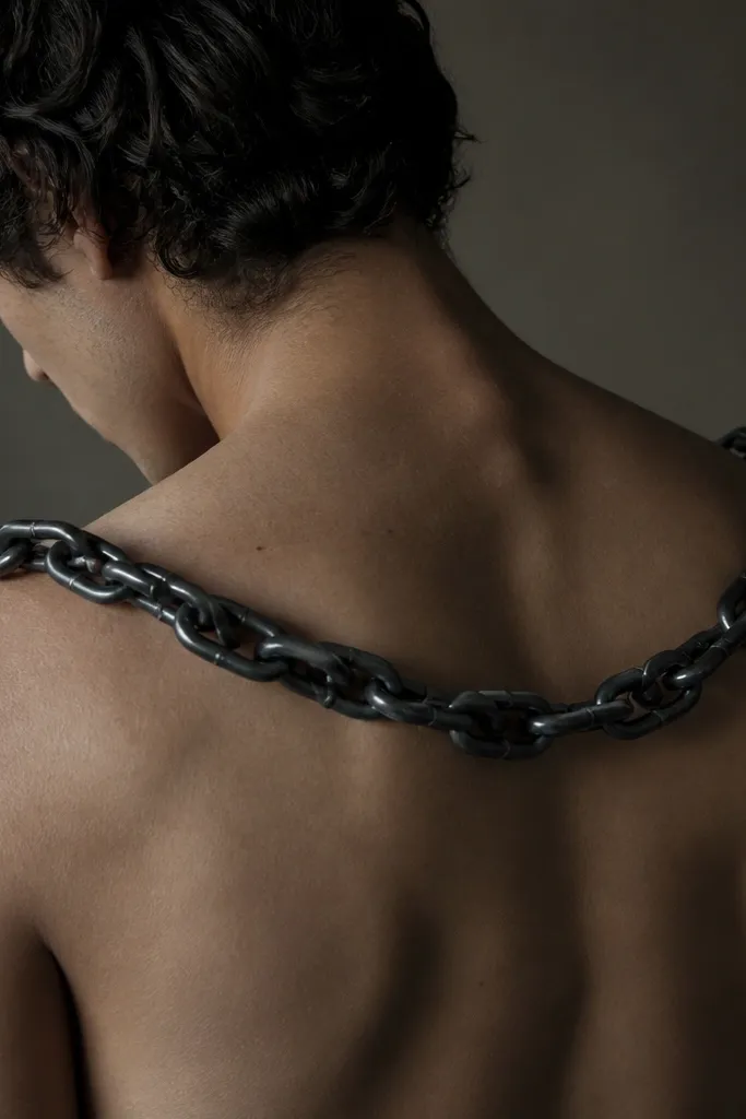 A heavy black chain draped across the upper back over both shoulder blades, with small links shaded in grey and highlights on the edges of the links.