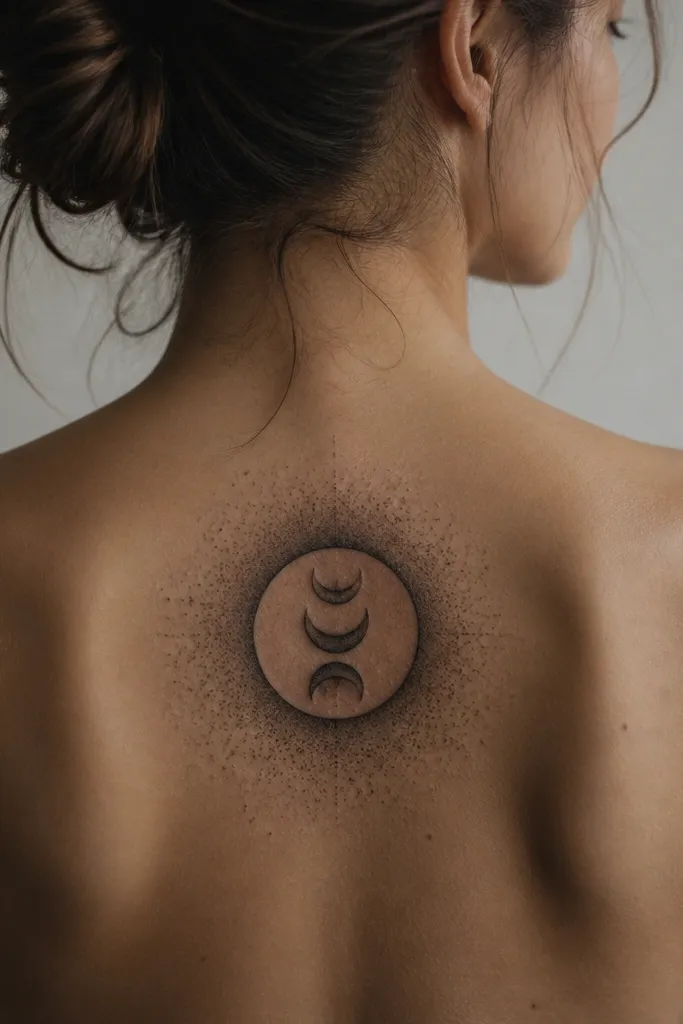 A circular moon phase medallion on the upper back, with three crescent shapes stacked. Around it is a halo of black dust speckling that fades outward.