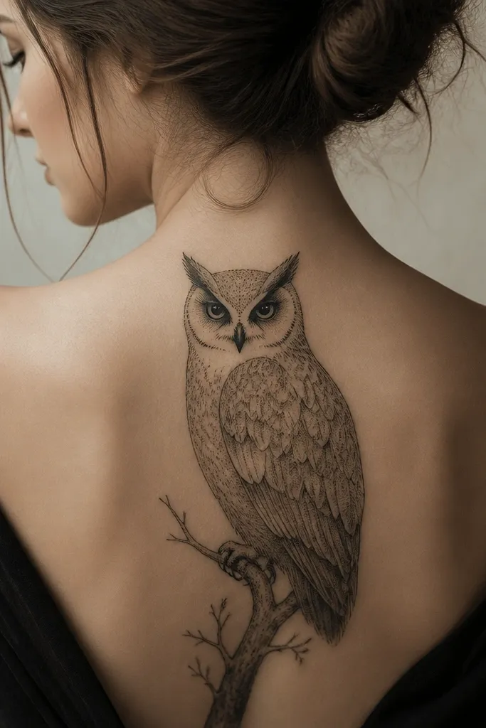 An owl perched in a gothic style on the upper back, with dark stipple shading filling feather shapes, and sharp black eye patches.