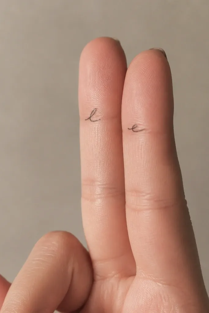 A tiny black name is inked across the top third of two adjacent fingers, each letter spanning a short section of the finger. The lines are hair-thin and sharply tapered.