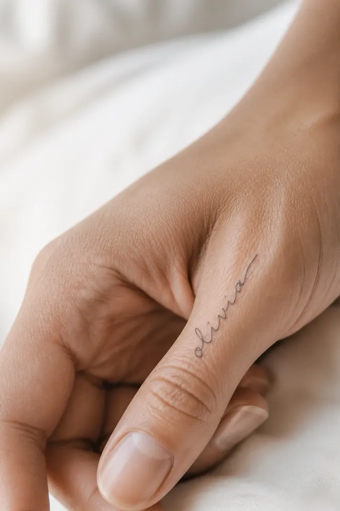 A thin black cursive name sits in the thumb web area, curving slightly with the hand's natural fold. The tattoo is small, with delicate tapered ends and lots of negative space.