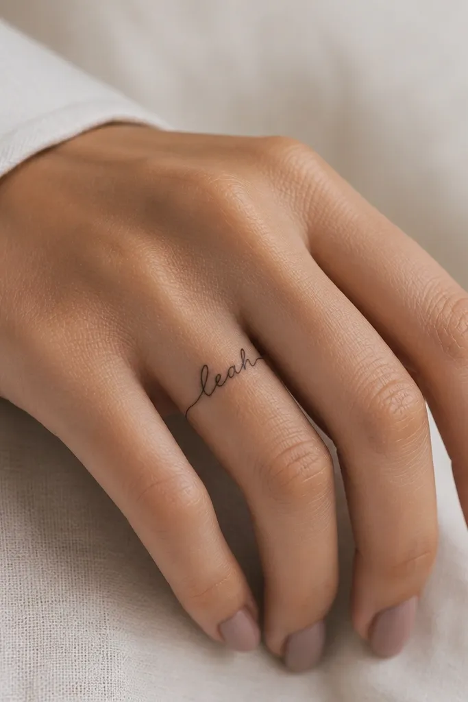 A name wraps lightly around the base of the index finger in thin black script. The letters arc around the finger curve and end in small taper points.