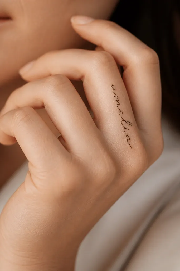 A stylized name mixes thin cursive with a few slightly thicker connecting strokes. It sits along the side of a knuckle, with clean gaps between letters.
