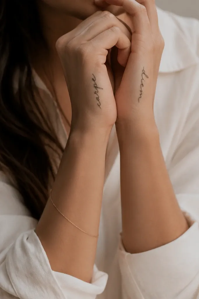 One word of a name is on the left side of one hand and the second word is mirrored on the other hand, both in thin black script. Each word is about 2.5 cm tall.