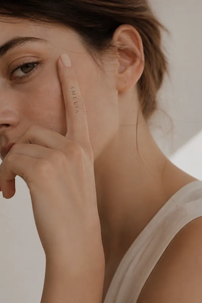 A thin vertical black name runs from the base of the index finger down toward the middle of the finger. The letters are tall with tapered ends and lots of open space.