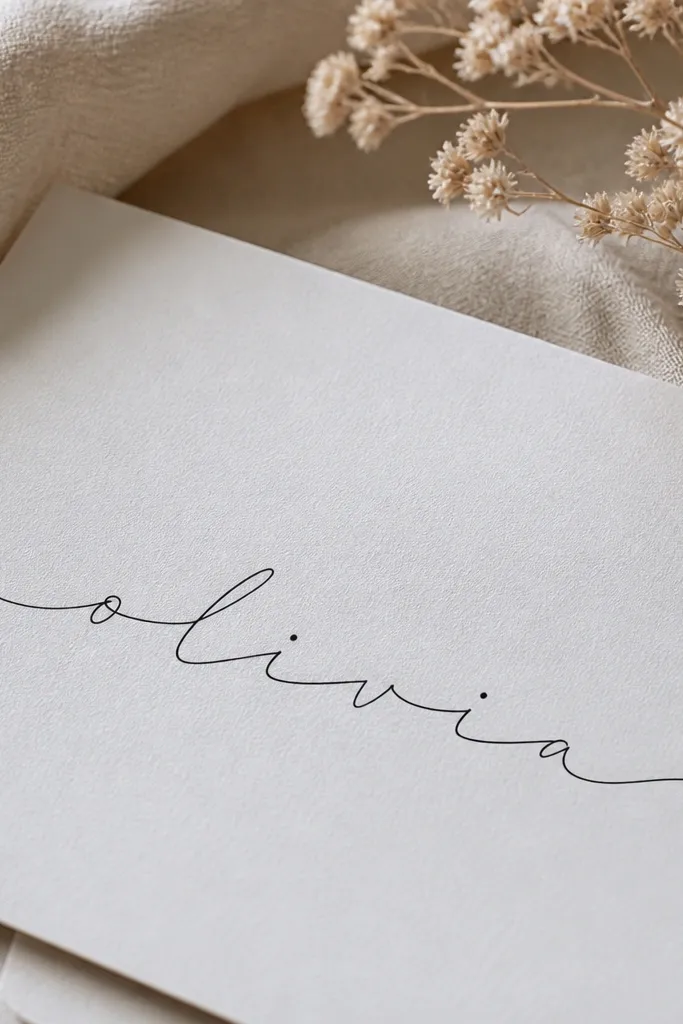 A thin cursive name in black has small dot accents at the start and end of certain letters. The dots are evenly spaced and the script stays airy.