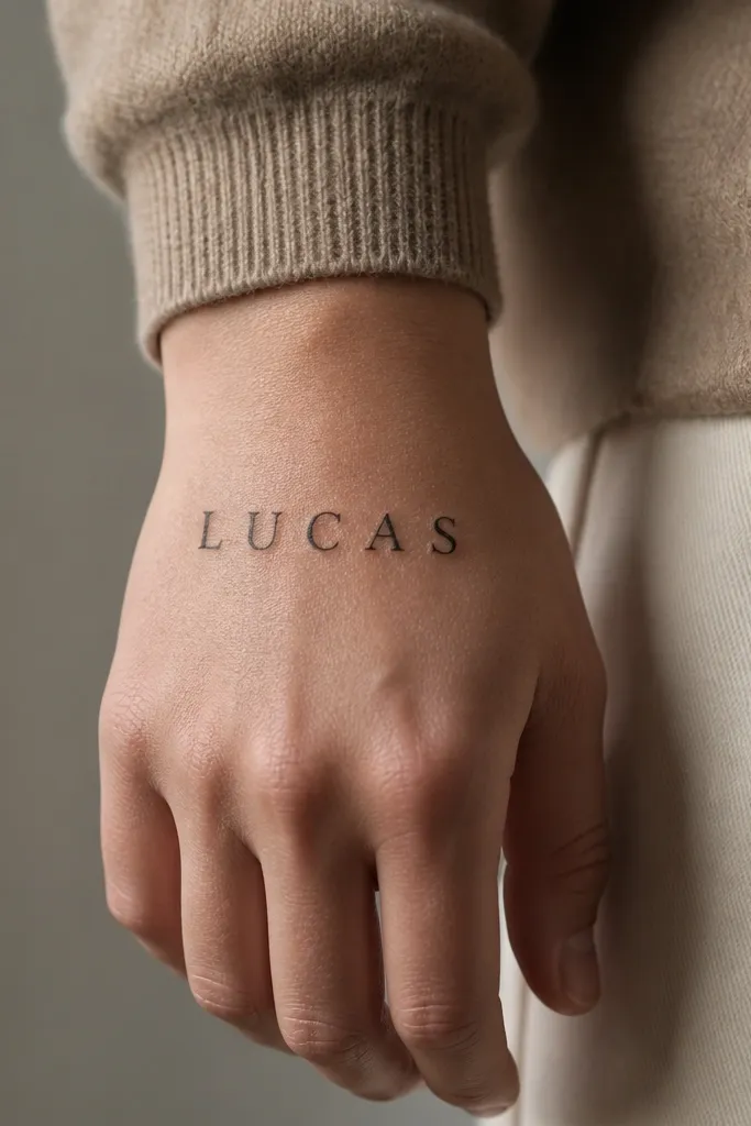 A name in black serif lettering sits horizontally across the back of the hand near the wrist. The letters are thin with sharp serifs and clean negative space around each character.