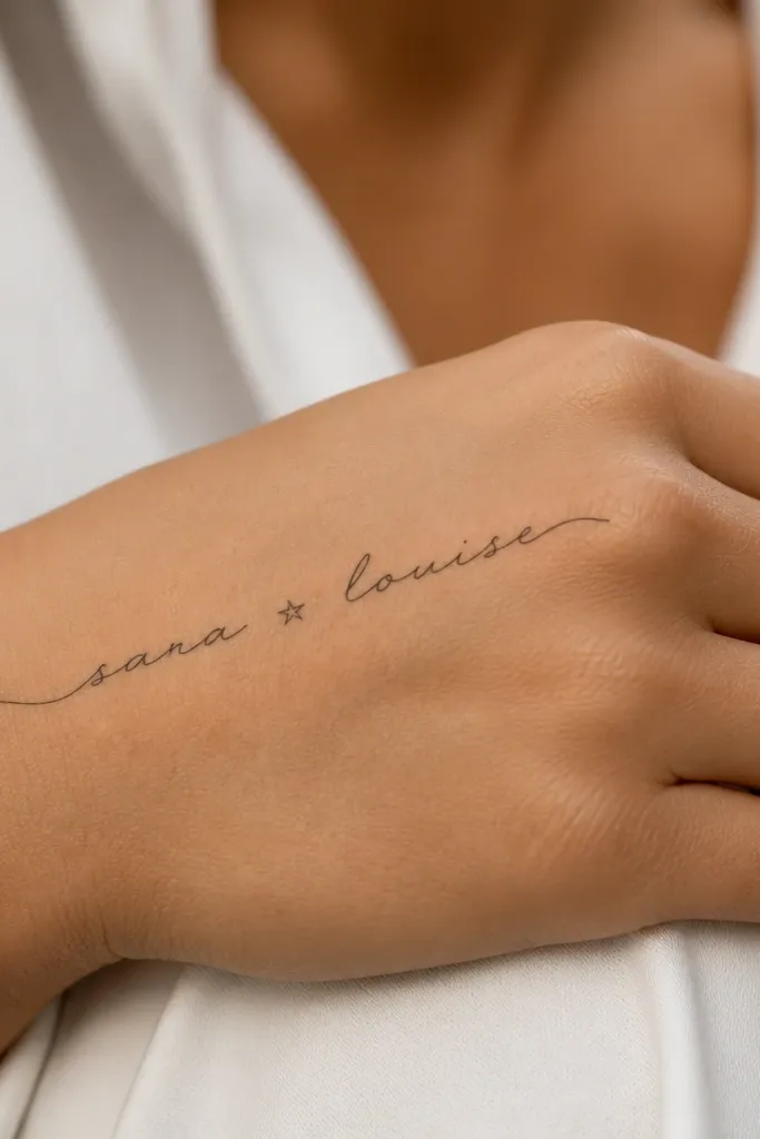 A thin black cursive name runs across the back of the hand. A tiny five-point star sits between two letter groups, like a break in the word.