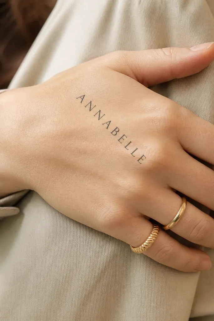 A name written in thin black Roman capitals sits diagonally across the back of the hand. The letters are straight, with sharp serifs and consistent thickness.