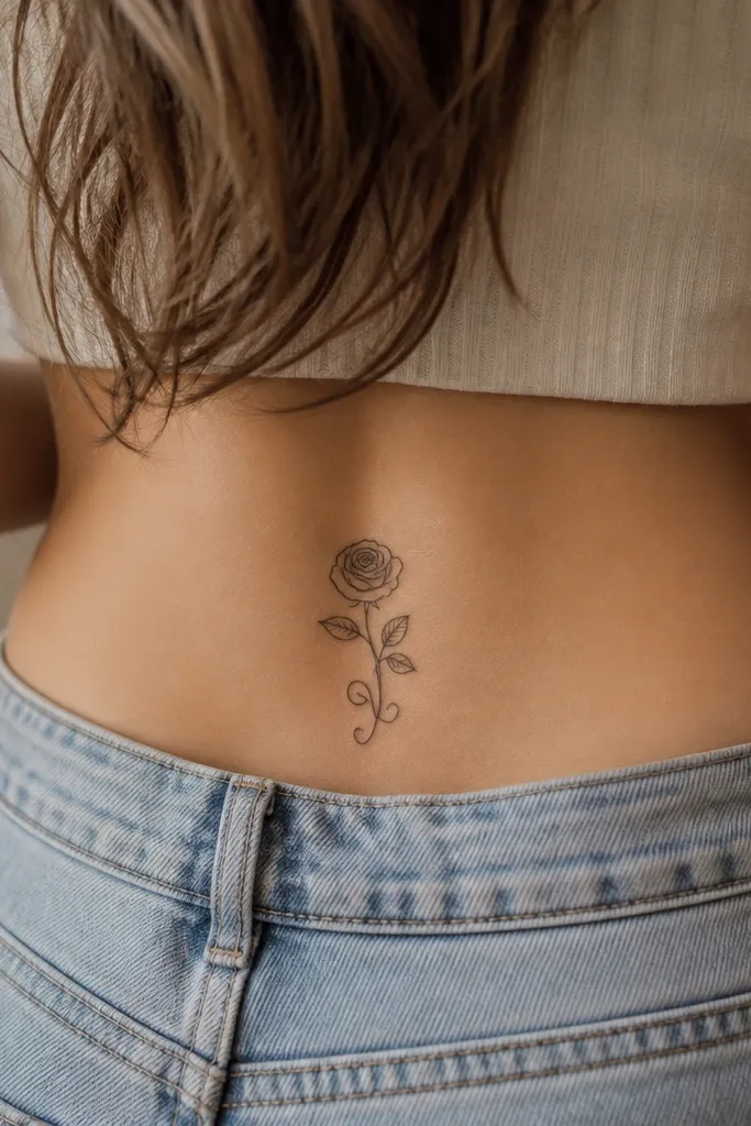A small black rose placed high on the upper hip, with one thin stem curling upward; the petals are outlined with light inner linework and no heavy shading.