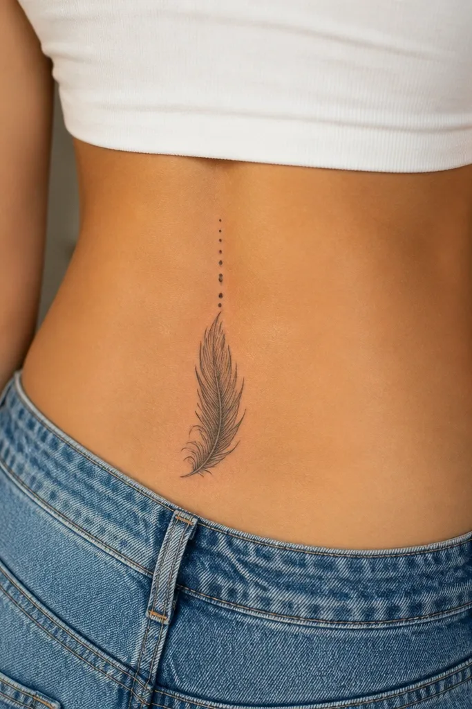 A feather drawn in clean black outline with a dotted line running down the center; the dots get slightly denser toward the shaft.