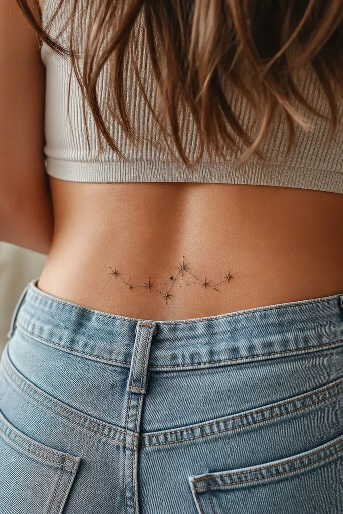 A cluster of 6-8 tiny stars in black ink, connected by thin straight lines, placed horizontally across the upper hip.