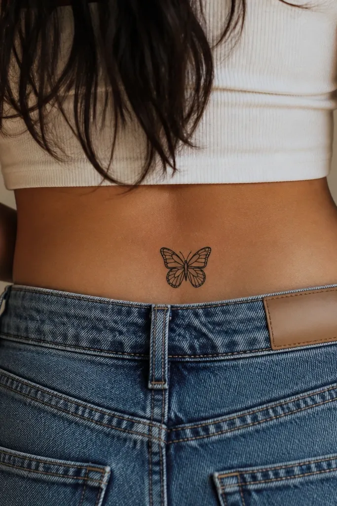 A small black butterfly where the wings are mostly empty space bordered by fine linework; a few tiny dot accents sit near the body.