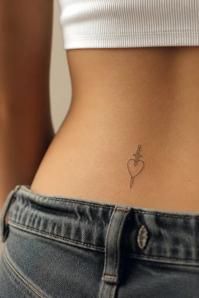 A small black outline heart with a tiny dagger behind it, the dagger handle peeking out above the heart's left side.