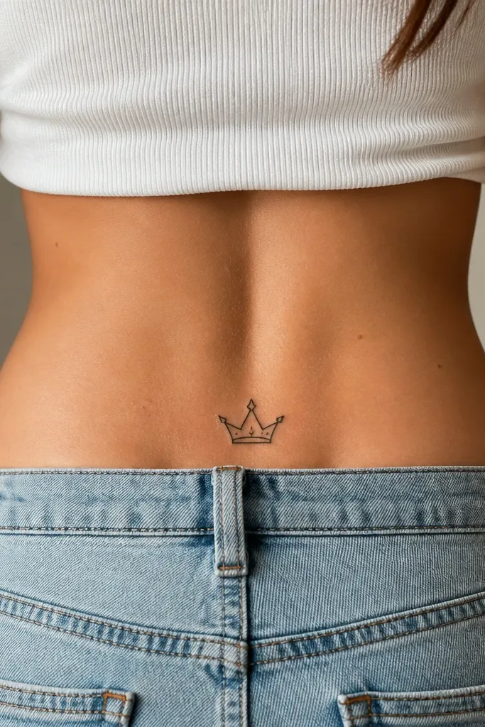A small black crown outline with three center points and two side spikes, placed vertically on the upper hip.