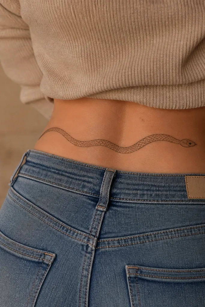 A black snake band wrapped around the upper hip curve, with tiny scale dots along the body and one small eye point near the head.