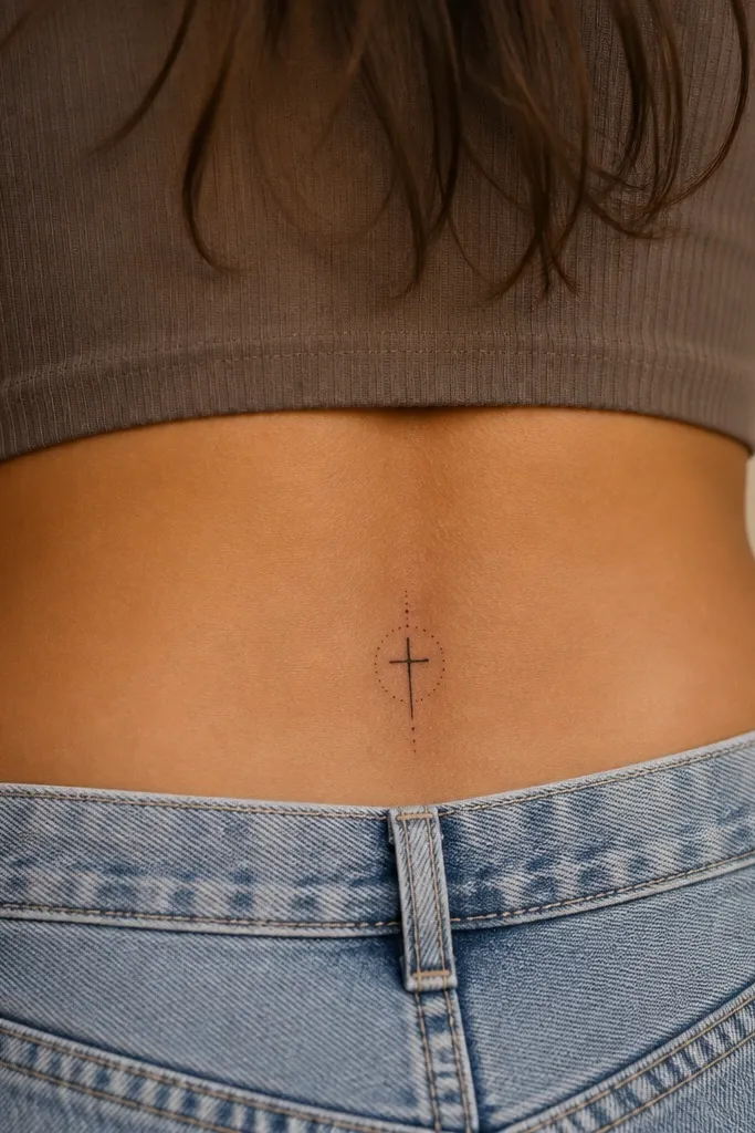 A small black cross with a thin dotted circle around it, placed on the upper hip; the halo dots are evenly spaced.
