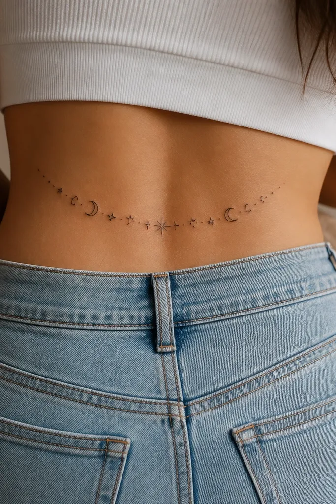 A curved arc of small moons and stars in black ink, arranged like a bracelet across the upper hip; each symbol is outlined with minimal fill.