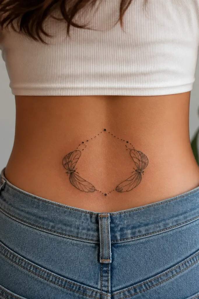 A small mothwing-shaped frame in black linework with a thin dotted border around it; no heavy shading inside.