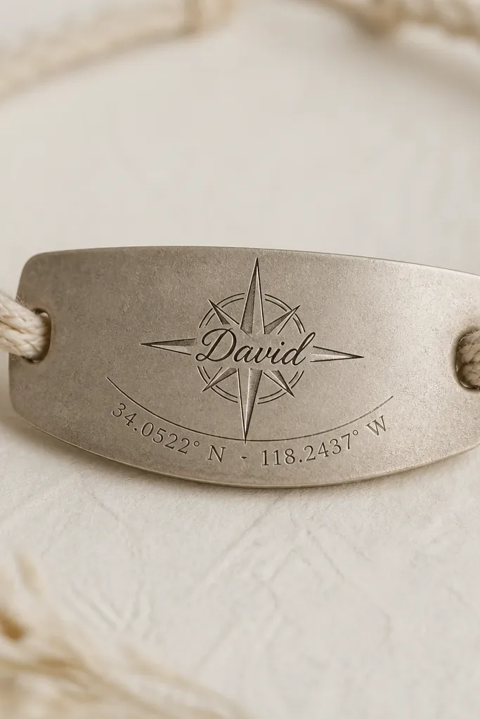 A small compass rose sits near the center. The husband's name is written across the compass points in a neat script. Thin coordinate numbers run along two curved lines beneath the compass.
