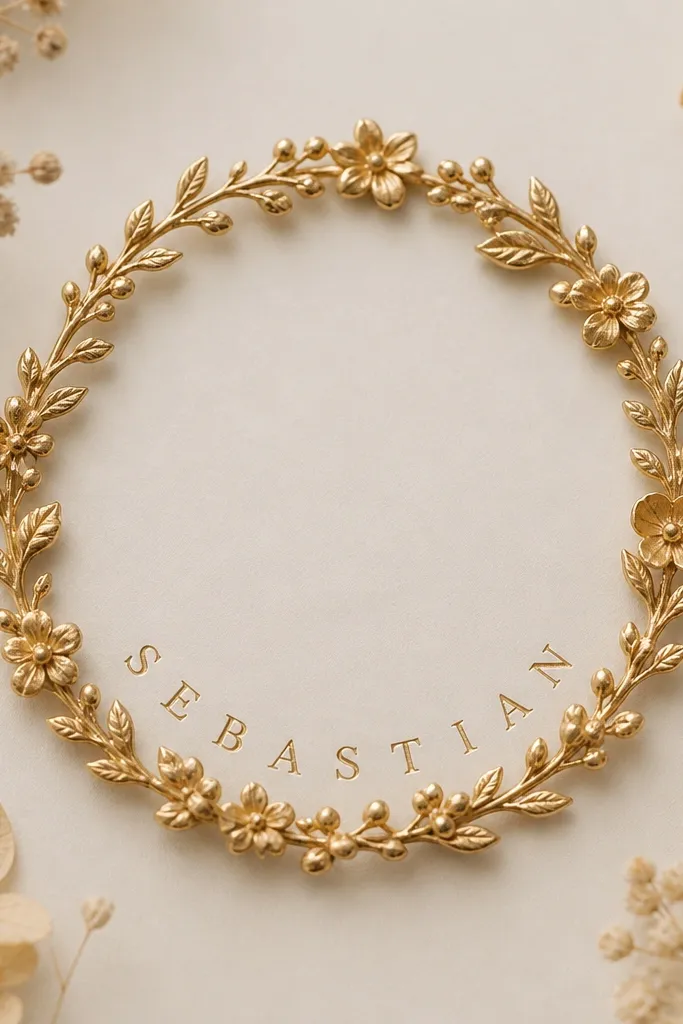 A thin circular ring surrounds a central negative space. Small flowers and leaves form the ring edges. The husband's name curves perfectly along the inner ring like it's engraved on jewelry.