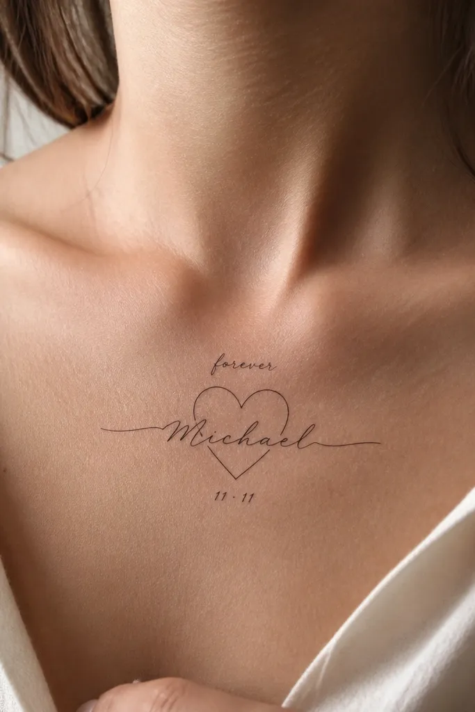A small heart outline sits centered. The husband's name runs through the heart in the middle line, with a short word above the heart in smaller script. The lower line is a short date or nickname.