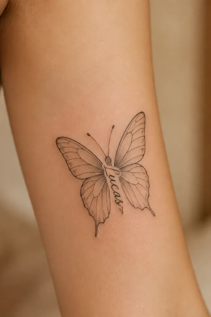 A fine-line butterfly with detailed wing veins wraps around a central vertical body. The husband's name is written vertically in the body area, centered between two thin wing lines.