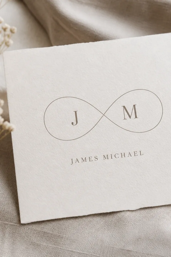 An infinity symbol is drawn in thin linework. The husband's initials sit inside the loop. The full husband's name is written below the infinity in a small, clean serif.