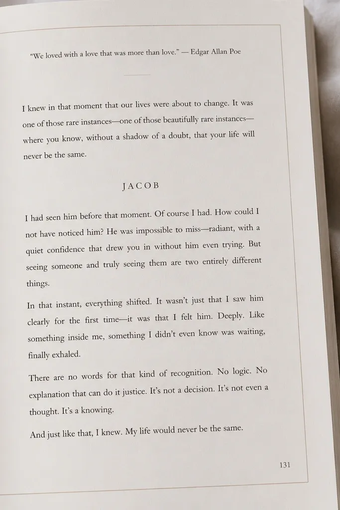 A thin rectangle mimics a book page with margin lines. A small quote line runs across the top, and the husband's name is written in the middle like it's part of the text. Tiny page numbers sit in the corner.