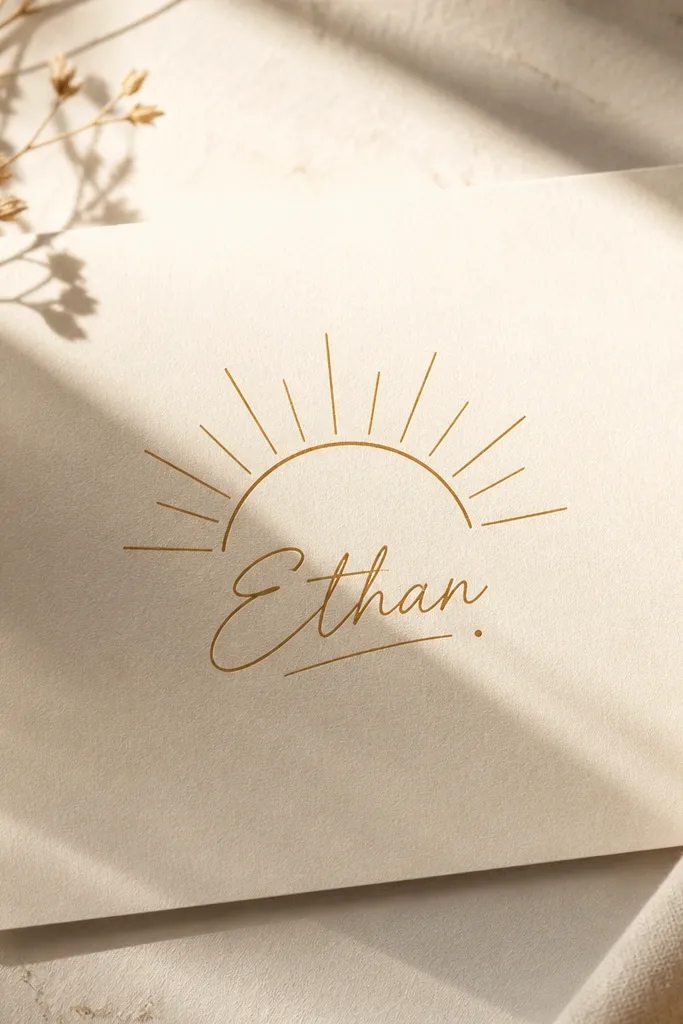 A sunrise arc rises behind thin rays. The husband's name appears beneath the arc like a signature, with a small underline and a tiny dot accent at the end.