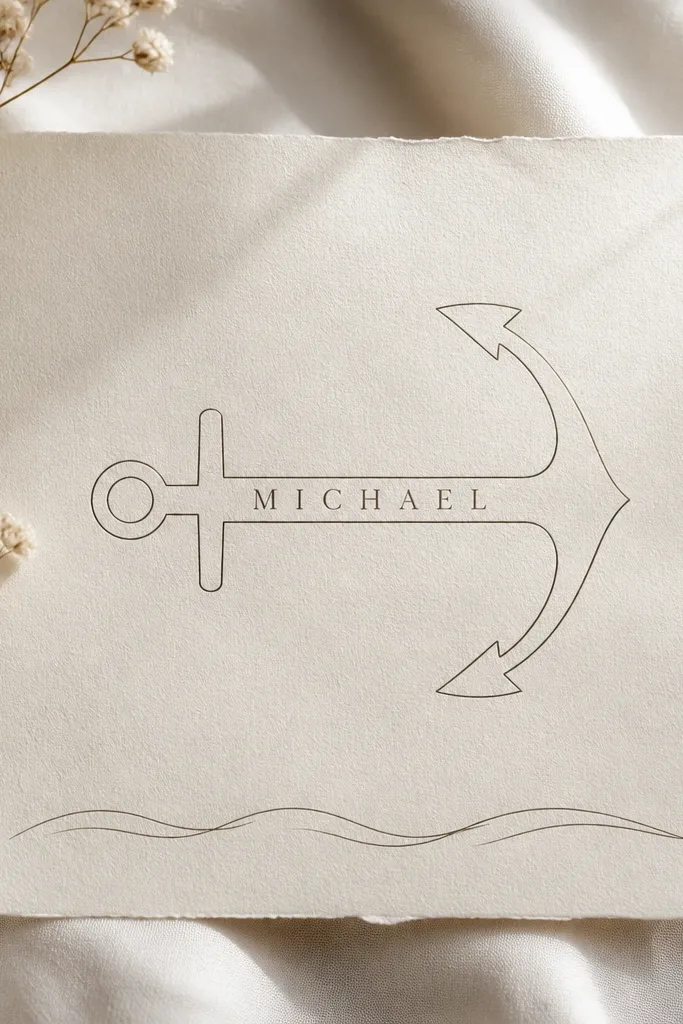 A minimalist anchor outline sits sideways. The husband's name is written vertically inside the anchor shaft, centered. Tiny waves are drawn at the bottom with two thin lines.