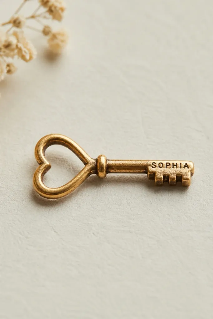 A small key drawing sits horizontally. The name is engraved across the key's teeth area in tiny uppercase letters. The key bow is shaped like a simple heart.