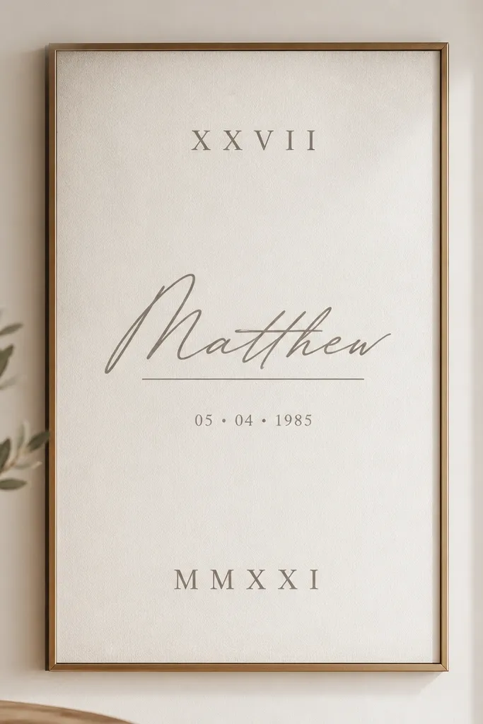 A vertical composition with Roman numerals at the top and bottom. The husband's name sits in the center in a clean script, underlined by a thin line. Small dot accents mark the dates.