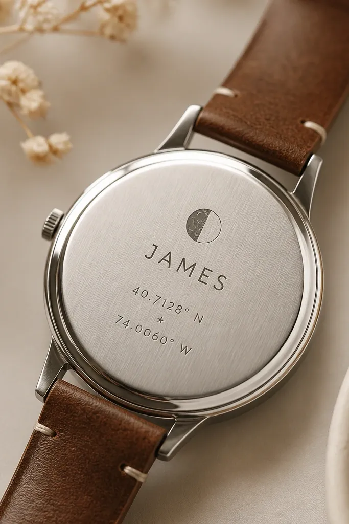 A small moon phase icon sits above. Beneath it, the husband's name appears in neat lettering. Under the name are two short lines of coordinates, separated by a tiny star.