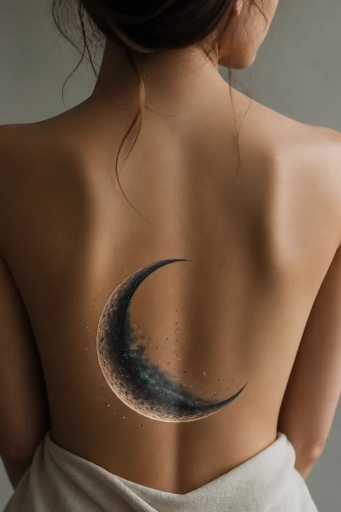 A large crescent moon centered on the lower back. The inside of the crescent has dark gray to black shading that transitions into a soft blue-gray nebula. Small star dots scatter near the outer curve, with slightly brighter highlights on the moon's rim.