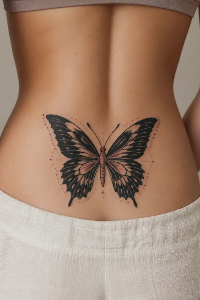 A butterfly centered on the lower back. The wings use dense blackwork with feather-like spacing and a few negative-space cutouts. The body is shaded in soft pink and beige tones, with tiny dot accents around the wings.