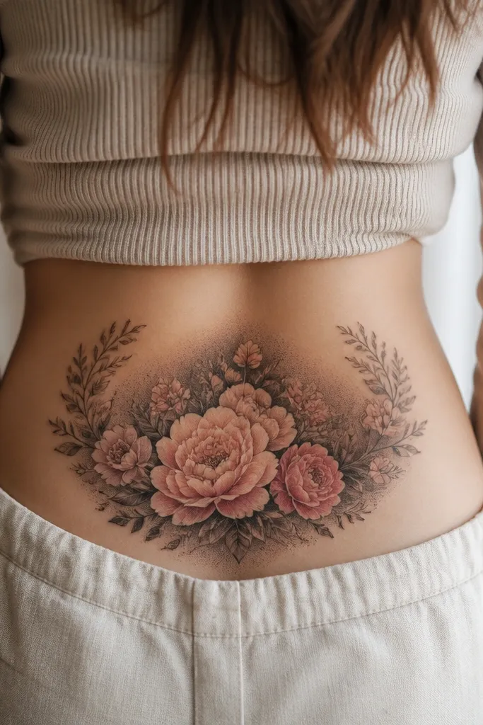 A lower back tattoo shaped like a loose oval floral frame. The center has warm peach and muted rose petals. Behind the flowers is a darker gray wash that fades outward, and the sides have small leaf clusters with dot shading.