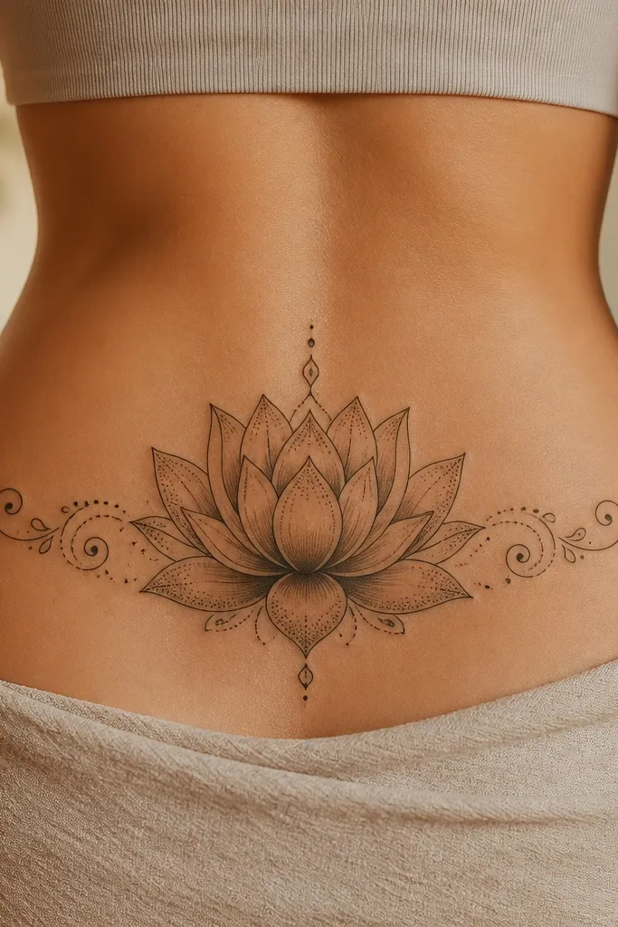 A lotus flower centered on the lower back with layered petals. The outer petals have stippled dot fill that transitions to solid shading near the base. Small henna-like swirls and dots extend toward both sides, creating a soft symmetry.