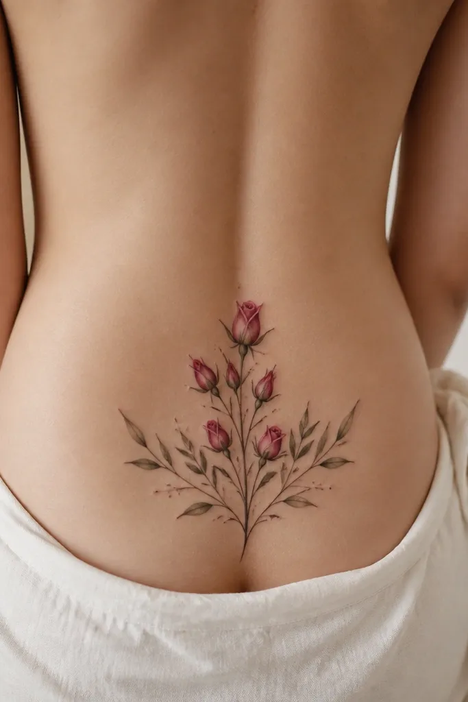 Multiple rosebuds grouped in a small cluster on the lower back. Each rosebud has a soft red-pink gradient. The sides have elongated leaves that angle outward, with tiny dot accents between leaves and buds.
