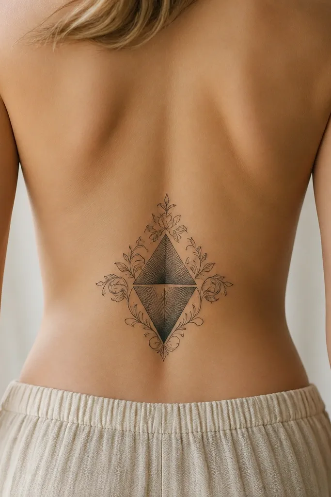Two overlapping triangles forming a diamond shape on the lower back. The triangles are filled with gray-black shading and fine line hatching. Curved floral micro-elements sit at the top and sides to soften the geometry.