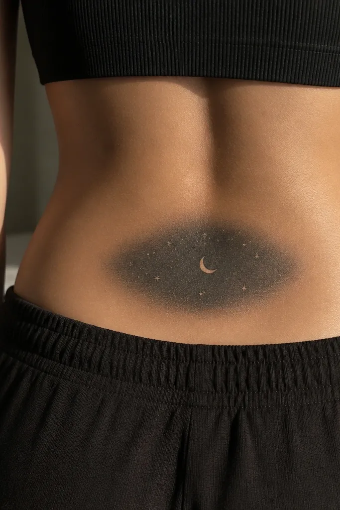 A lower back tattoo with a small crescent moon near the center and scattered star dots around it. Behind the scatter is a dark gray oval backdrop with soft gradient edges.