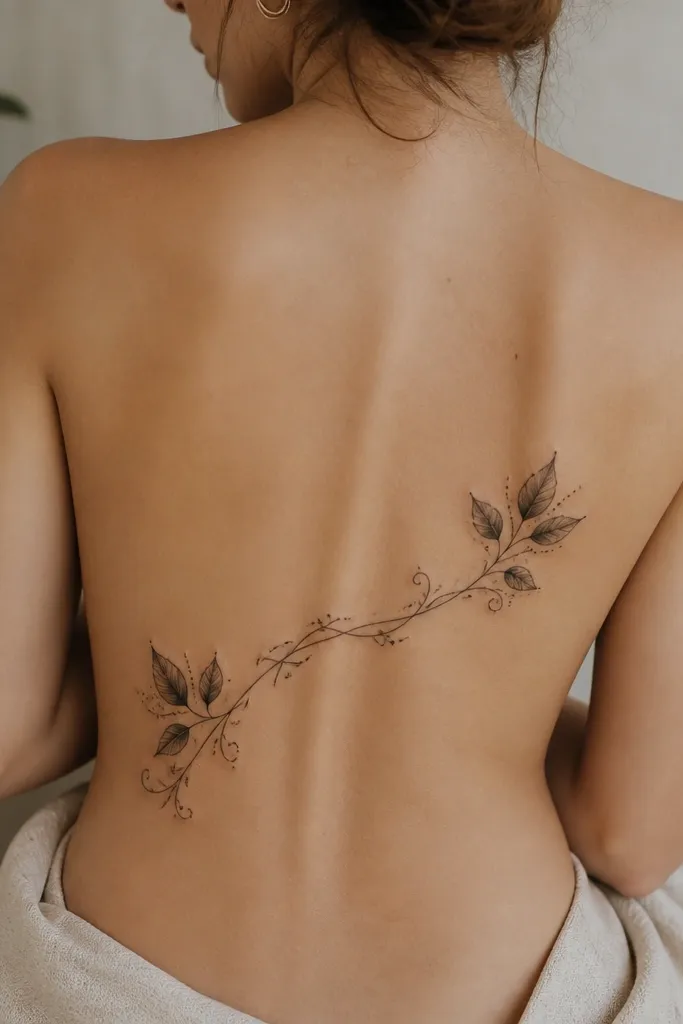 A vine wraps across the lower back diagonally, with leaf clusters at both ends. The vine has fine line detail, while the leaf corners have darker filled shading and tiny dot accents.