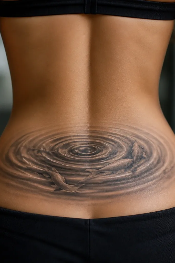 A lower back tattoo that looks like water ripples spreading from the center. The ripples are shaded in gray-black with smooth transitions, and there's a subtle koi-like curve shape hidden inside the flow. Small highlights appear as lighter gray streaks.