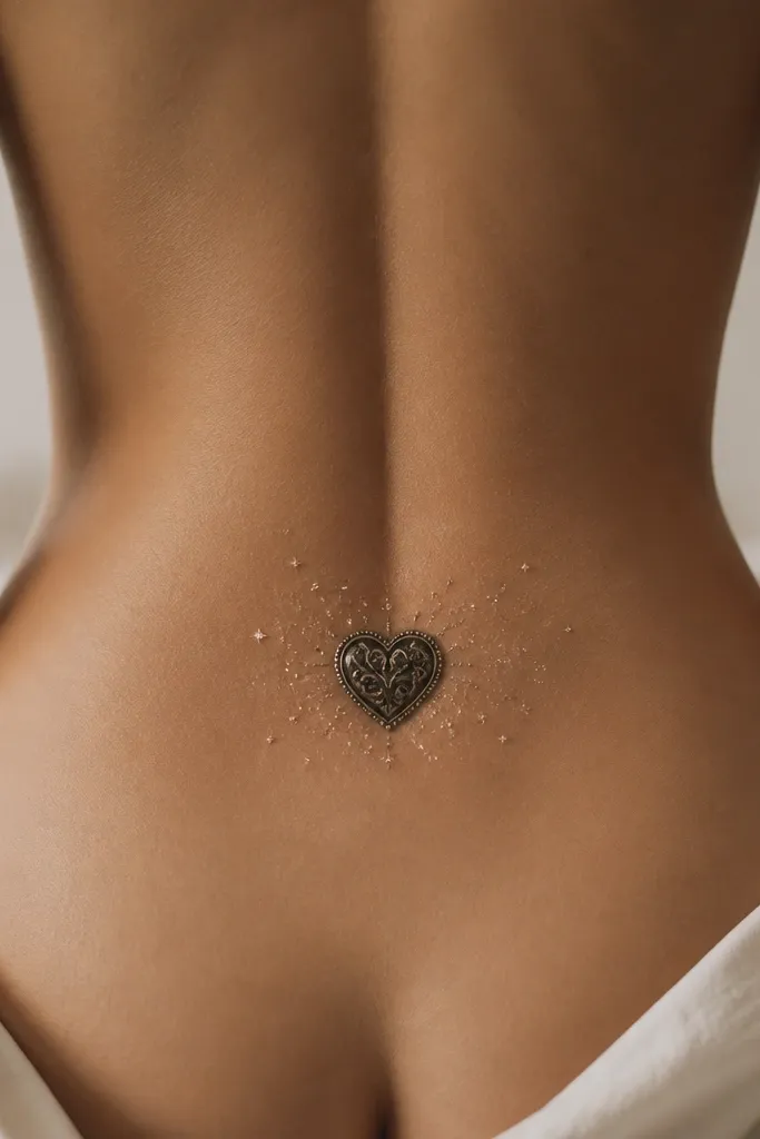 A heart-shaped locket centered on the lower back with tiny interior shading. The heart has a dark gray outline and a darker fill behind it. Small sparkle dots surround the heart like scattered glitter.