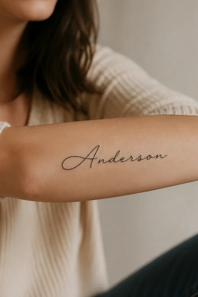 A sideways script tattoo on the outer forearm where the maiden name flows left-to-right. The first letter is larger with one clean loop, then the rest of the letters taper slightly, all in black ink.