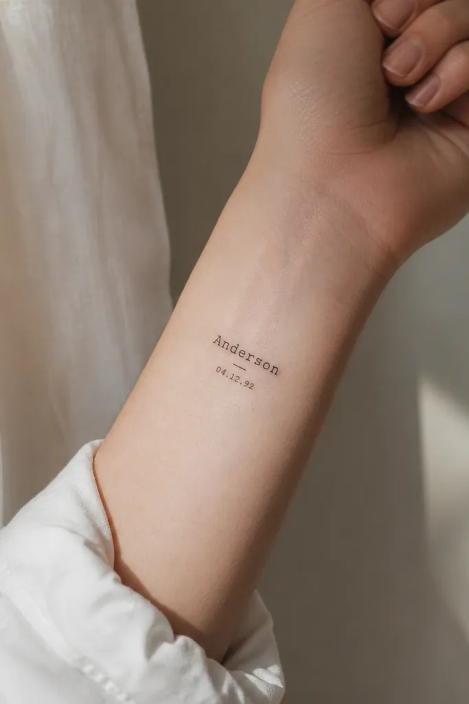 A small tattoo near the inner wrist where the maiden name appears in a typewriter-style monospaced font. There's a tiny date under it in even smaller numbers, separated by a short underline.