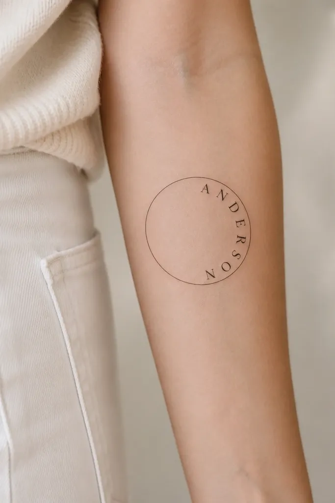 A forearm tattoo with a thin circular outline. The maiden name is arched along the inside of the circle, with the first and last letters aligned to the top and bottom curve.