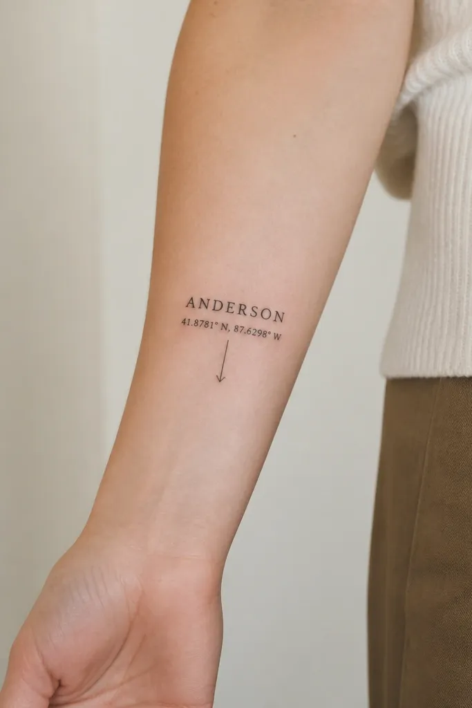 A small inner forearm tattoo where the maiden name is written in clean black serif letters. Beneath it, tiny coordinate numbers sit next to a simple arrow pointing down.
